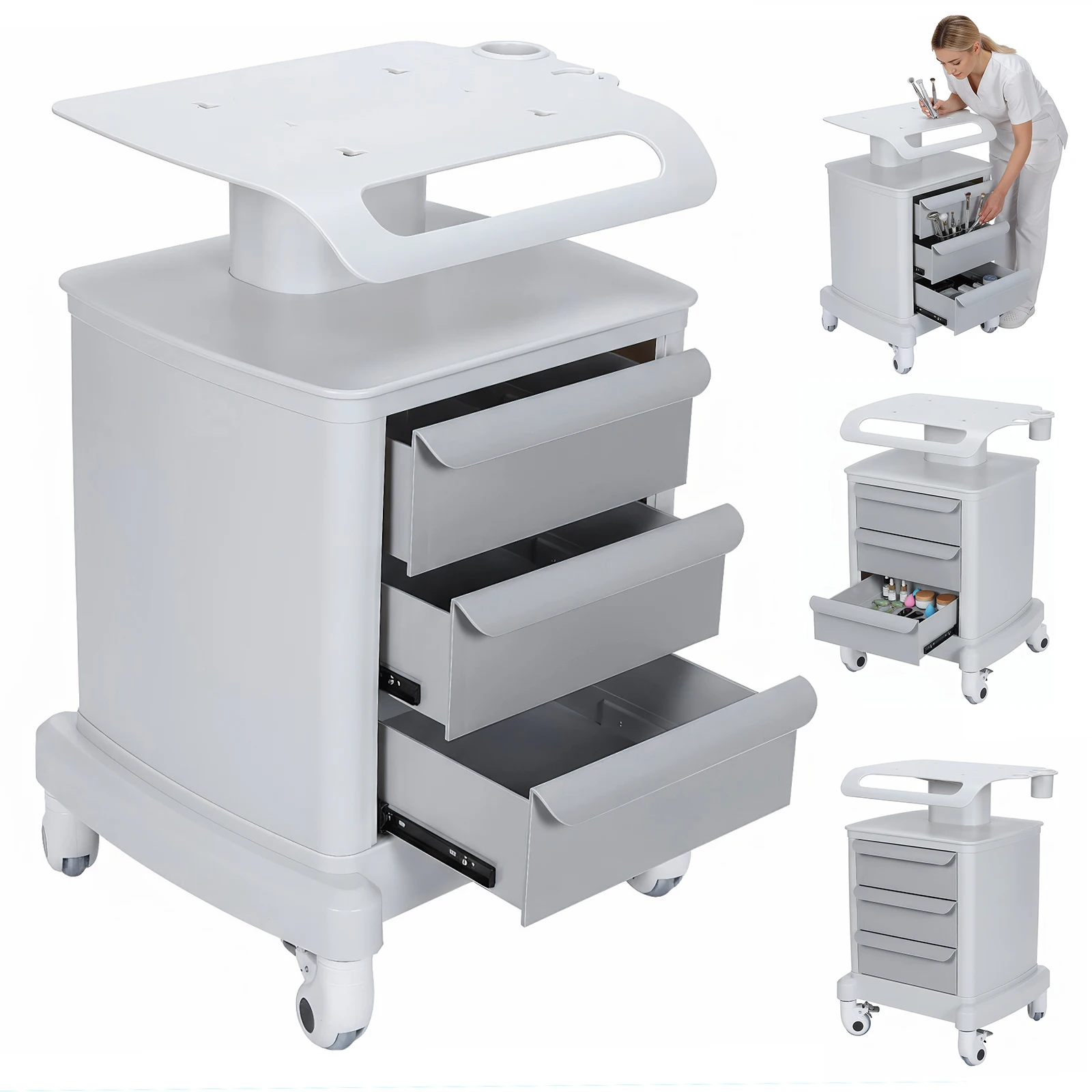 

Мобильная рабочая станция медсестры на колесах, передвижная медицинская тележка с 3 ящиками, нагрузка до 50 кг, для больниц, стоматологических клиник, салонов красоты