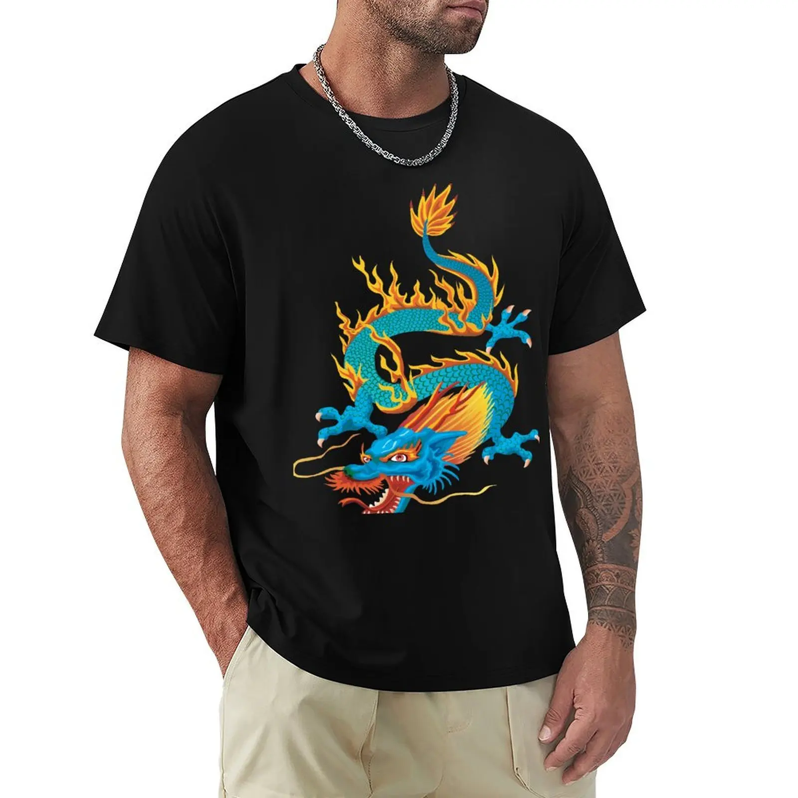 Blue-yellow Oriental Dragon T-Shirt Quick Dry Fishing T-Shirt