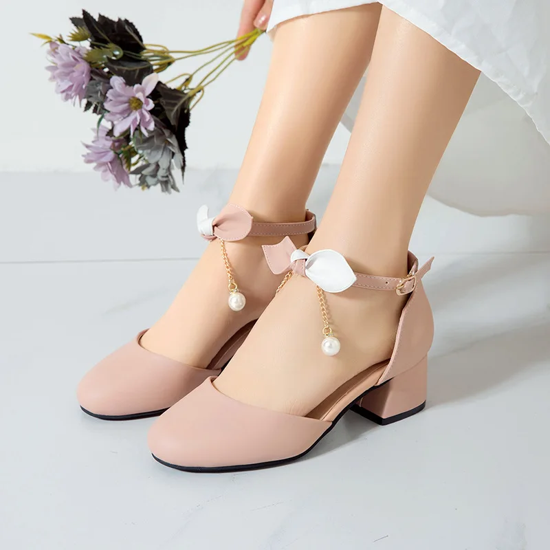 Children Girl High heel Shoes Kids Princess Sandals Fashion Pearl Bow Thick Heel Shallow Woman High heels For Party Wedding28-39