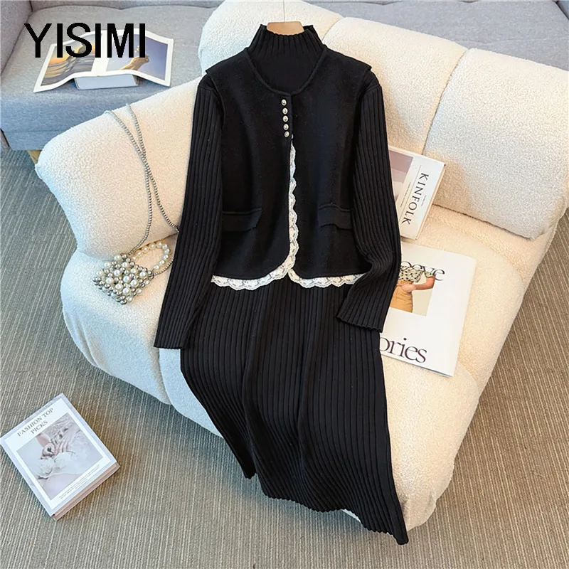 Conjunto de Chaleco y Falda de Punto Elegante para Mujer de Mediana Edad, Otoño, Nuevo, Cálido, Informal, Traje de Dos Piezas de simi