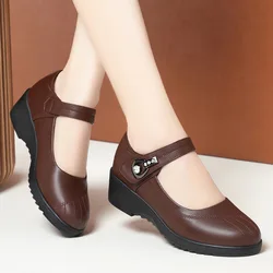 Women's Wedge Anti-slip  Ankle Strap Casual Office Comfortable Soft Leather Shallow Mouth Mom Shoes  Middle-aged Elderly