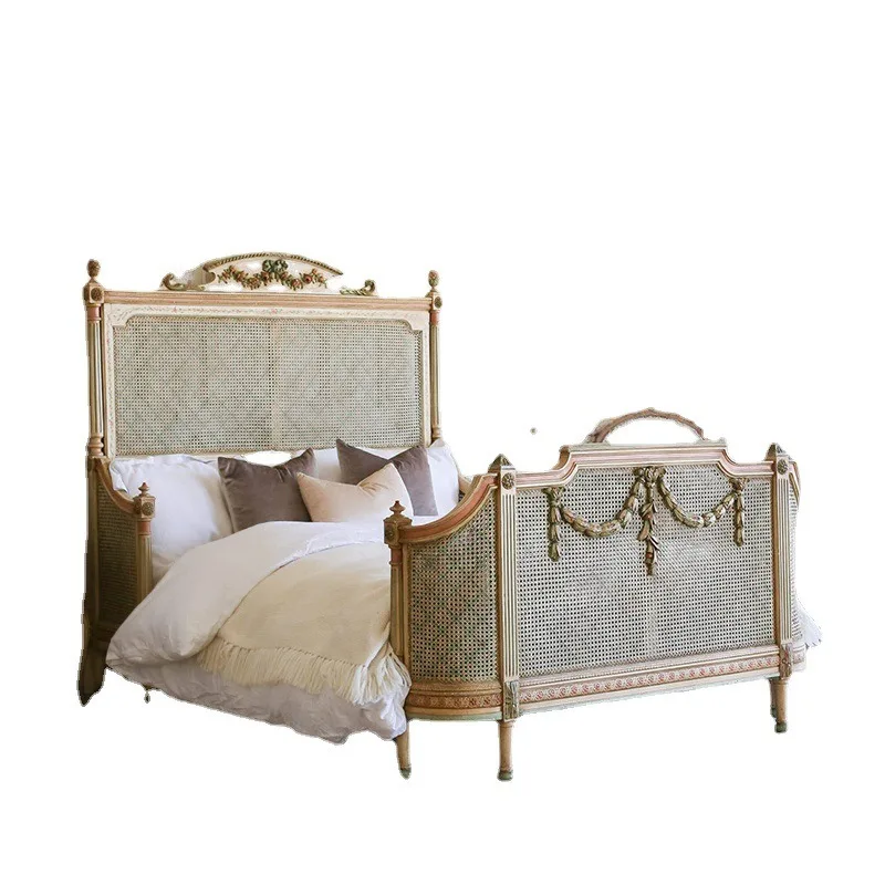 French retro double American rattan art old carved classical hand-painted, villa master bedroom wedding