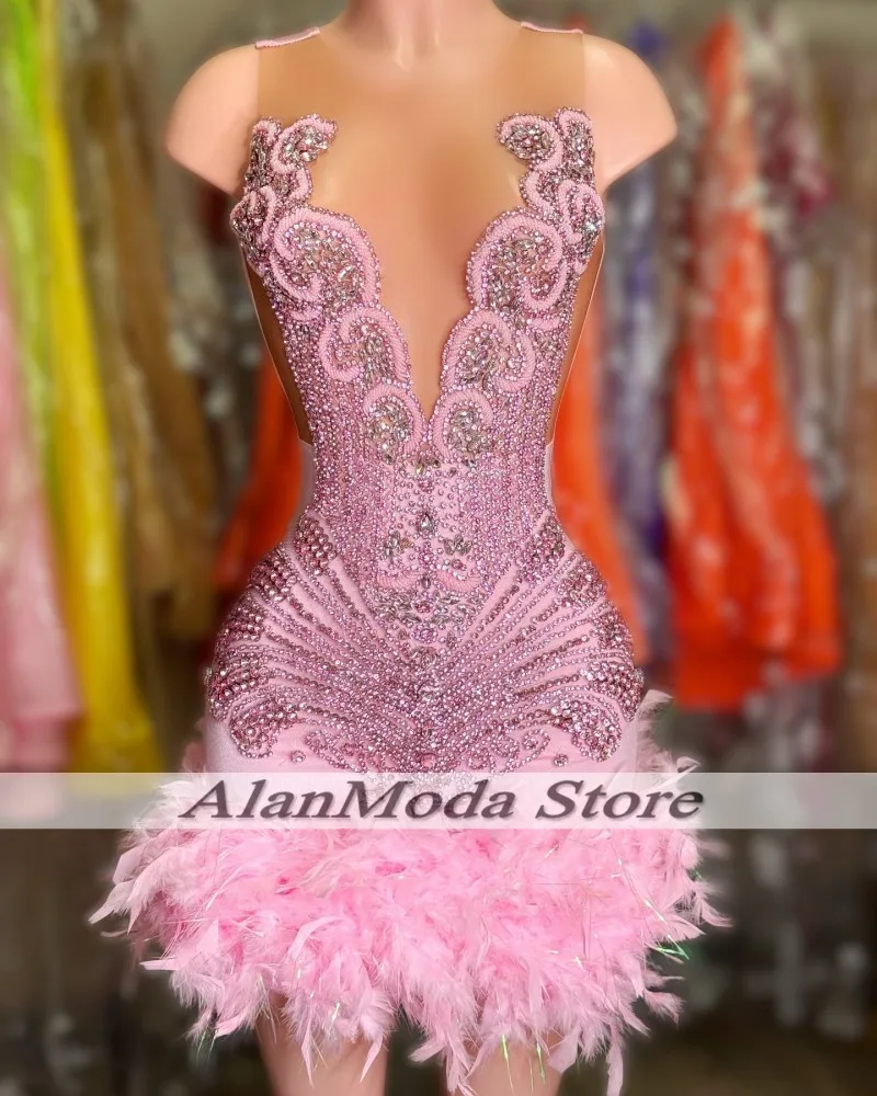 Pink Birthday Dresses Luxury Feathers Short Mermaid Prom Gowns Sheer Neck Vestidos De Graduación Customized Party Outfits