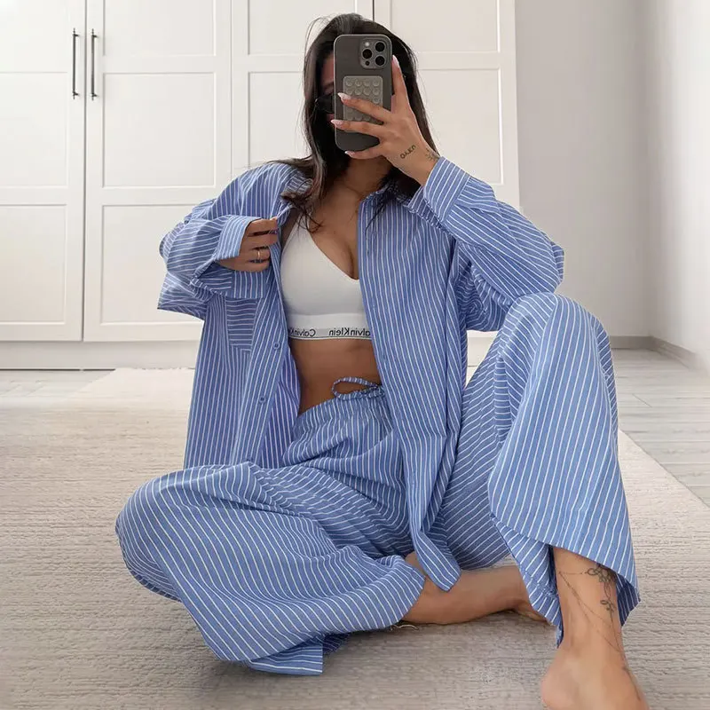 Dsmtrc feminino casual listra azul solto ternos botões camisa + calça com cordão 2025 nova moda verão feriados simples conjuntos elegantes