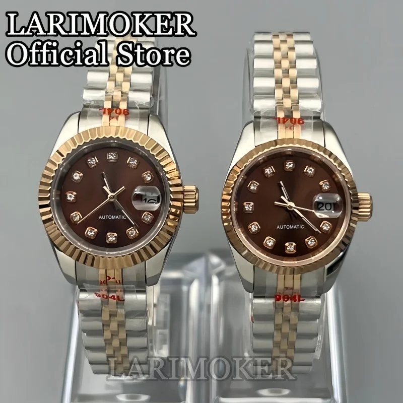 LARIMOKER 26mm 28mm Two Tone Rose Gold Women's Luxury Mechanical Watch NH05 Movement Brown Dial Sapphire Crystal Waterproof Date