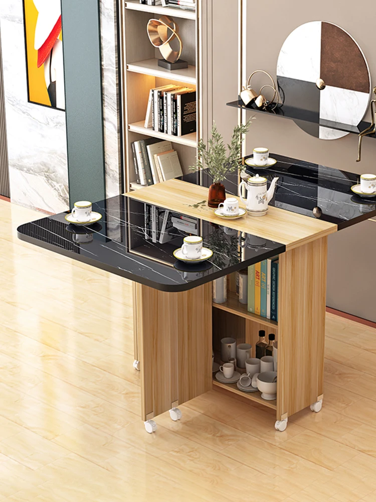 Folding dining table with movable wheels, modern multifunctional ultra-thin dining table