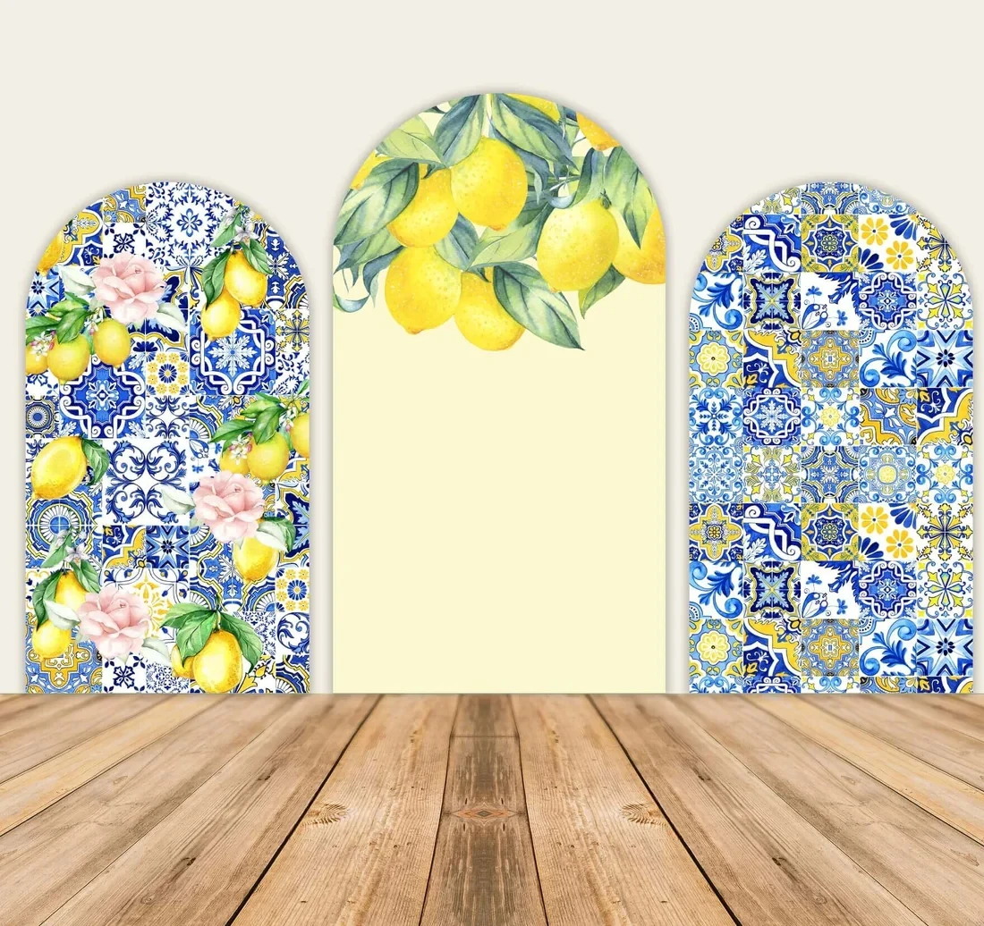 Morocco Mediterranean Arch Backdrop Cover Baby Shower Background Yellow Lemon Blue Arch Chiara Party Girl Birthday Wedding Decor