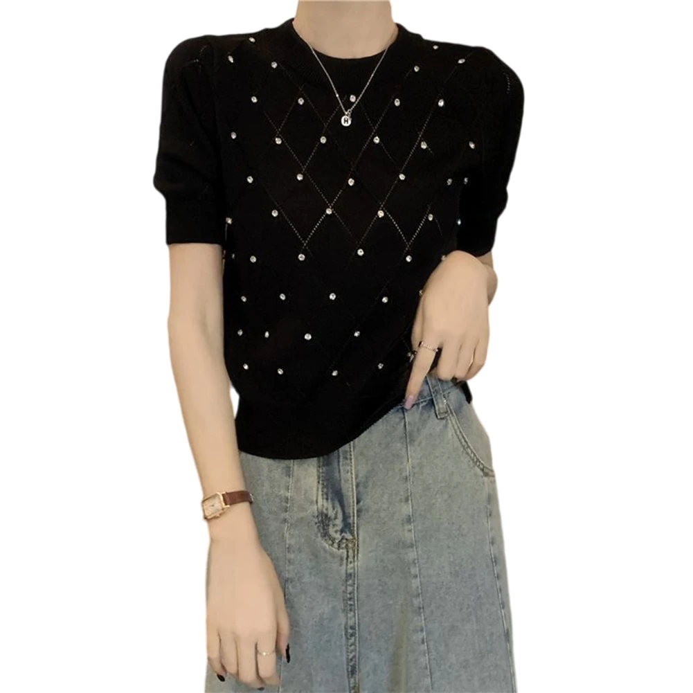

Women's Polyester Short Sleeve Fitted Top Round Neck Rhinestone Detail Solid Color Top for Summer Beach Holiday Yoga