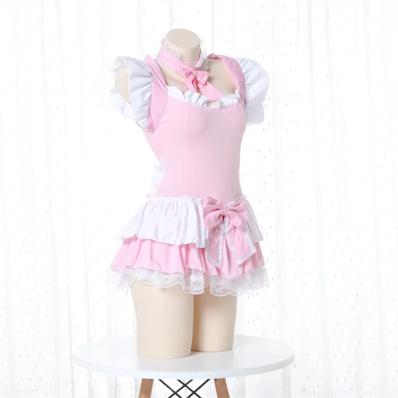 Vestido Lolita Bonito Rosa Plissado Empregada Outfit Menina Japonesa Cosplay Sexy Trajes Diários Avental Uniforme Saia Set Kawaii Camisola