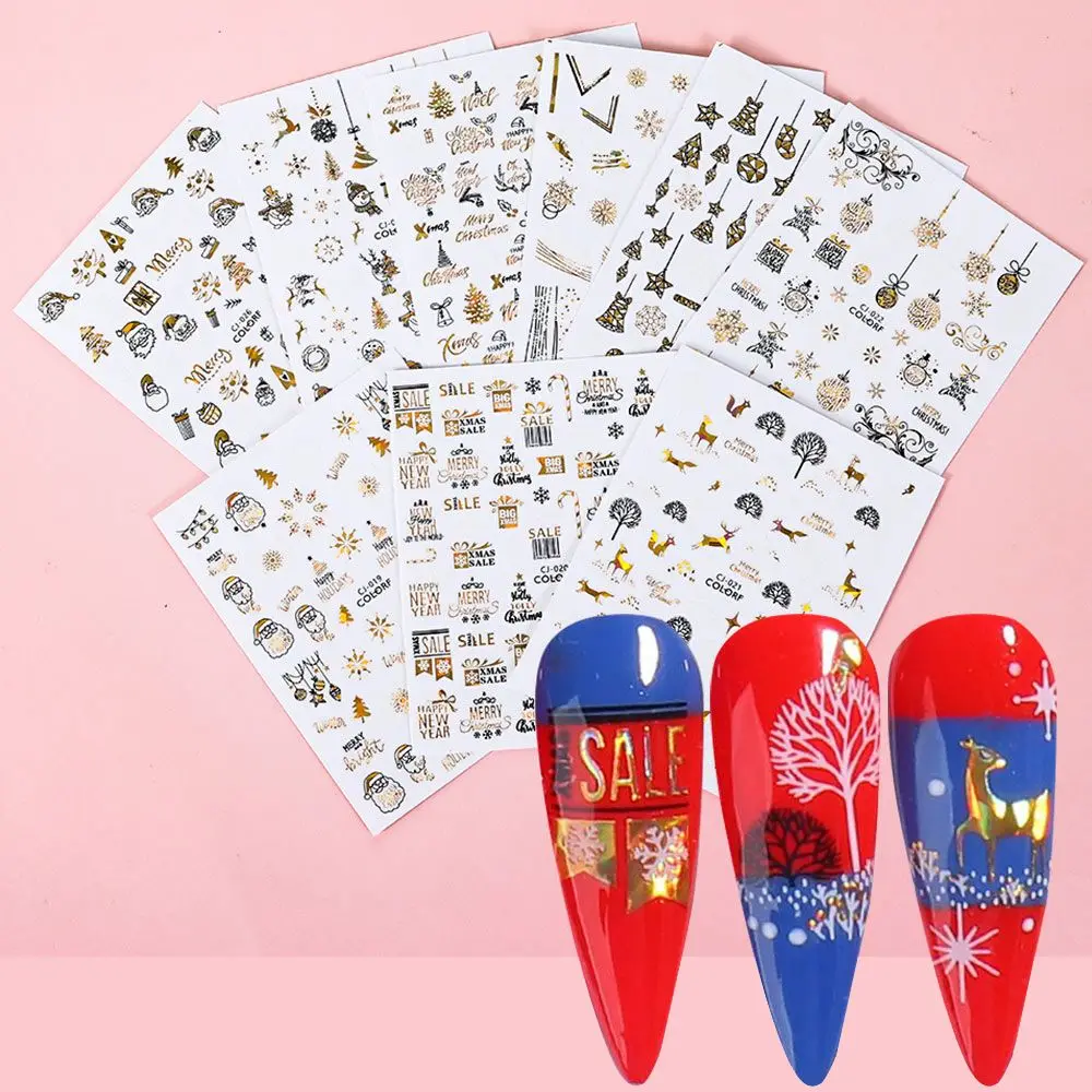 Polish Xmas Santa Claus Elk Winter Design 3D Glitter Gold White Holographics Nail Stickers