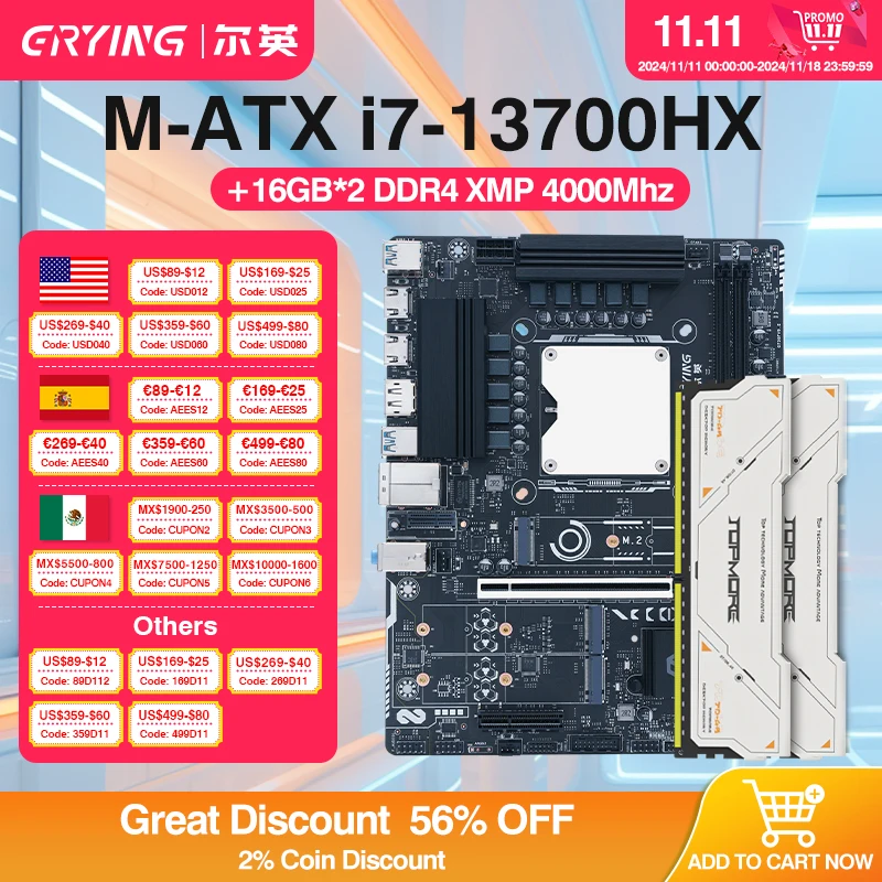 ERYING DIY Gaming PC Motherboard with Onboard CPU Interpose kit i7 13700HX 16C24T 16GB*2 DDR4 XMP 4000Mhz RAM Desktop placa mae