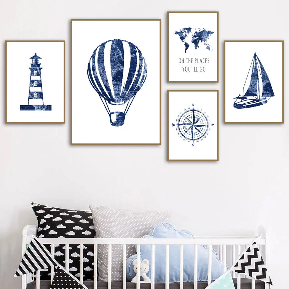 Mapa del mundo, globo de aire caliente, velero, brújula, arte de pared Retro, carteles nórdicos, pintura, imágenes de dibujos animados, decoración para habitación de niños, lienzo Pri