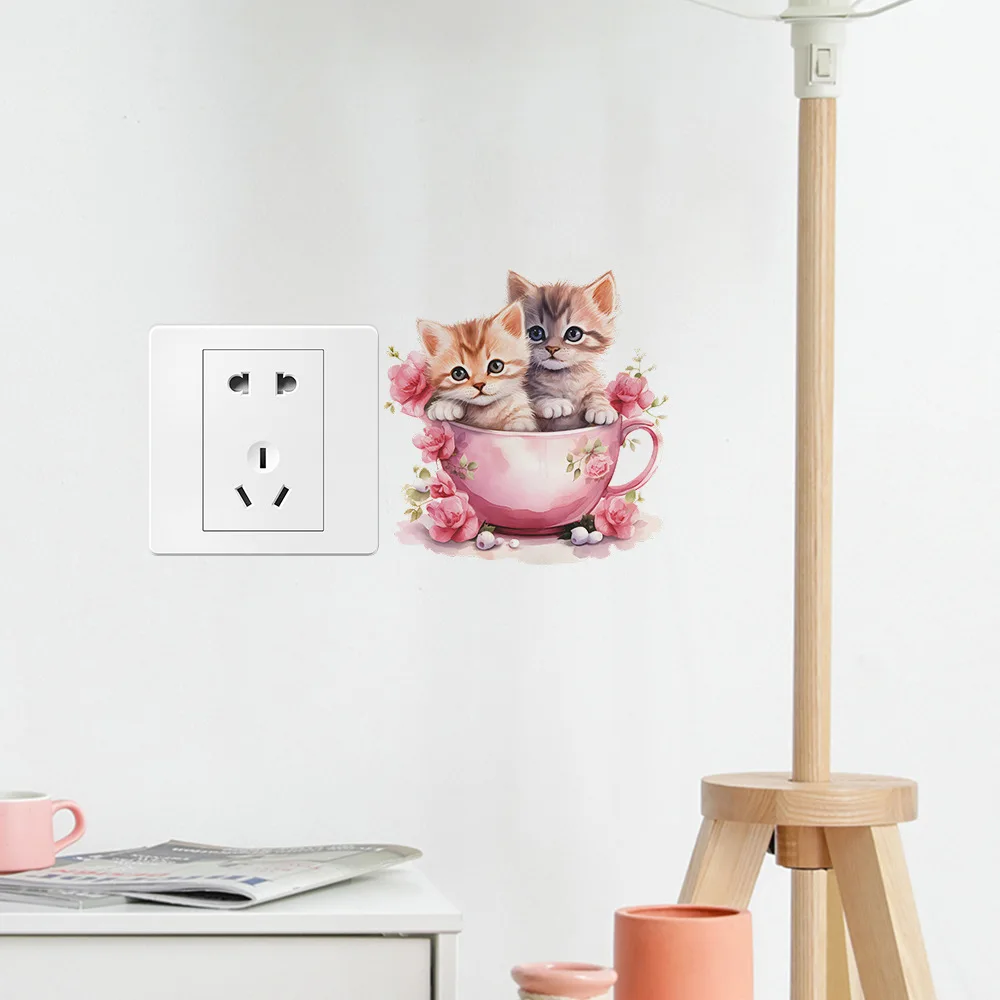 Cartoon Tea Cup Cat Flower Switch Sticker Living Room Bedroom Home Decoration Mural Cute Kitten Self-adhesive Wall Decor Decals
