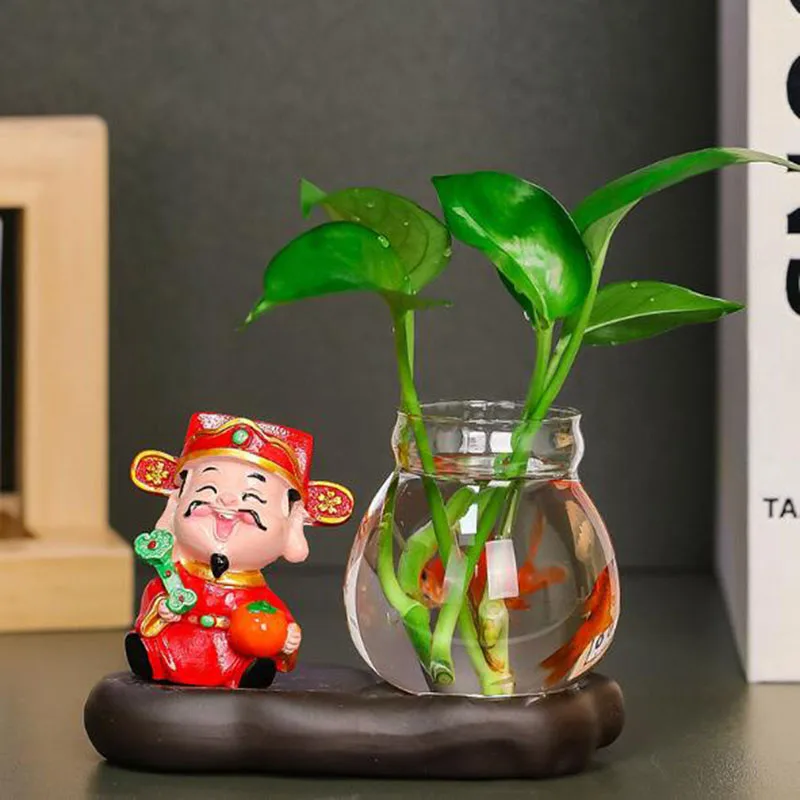 

Chinese Style Wealth God Hydroponic Vase Green Radish Plant Pot Glass Flowerpot Desktop Ornaments Garden Planter Home Decor