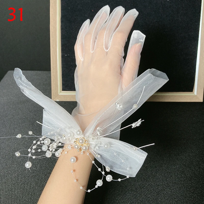 Guantes Blancos para vestido de novia, manoplas de malla de encaje con lazo, de tul transparente, de dedo completo, accesorios de Cosplay y fiesta