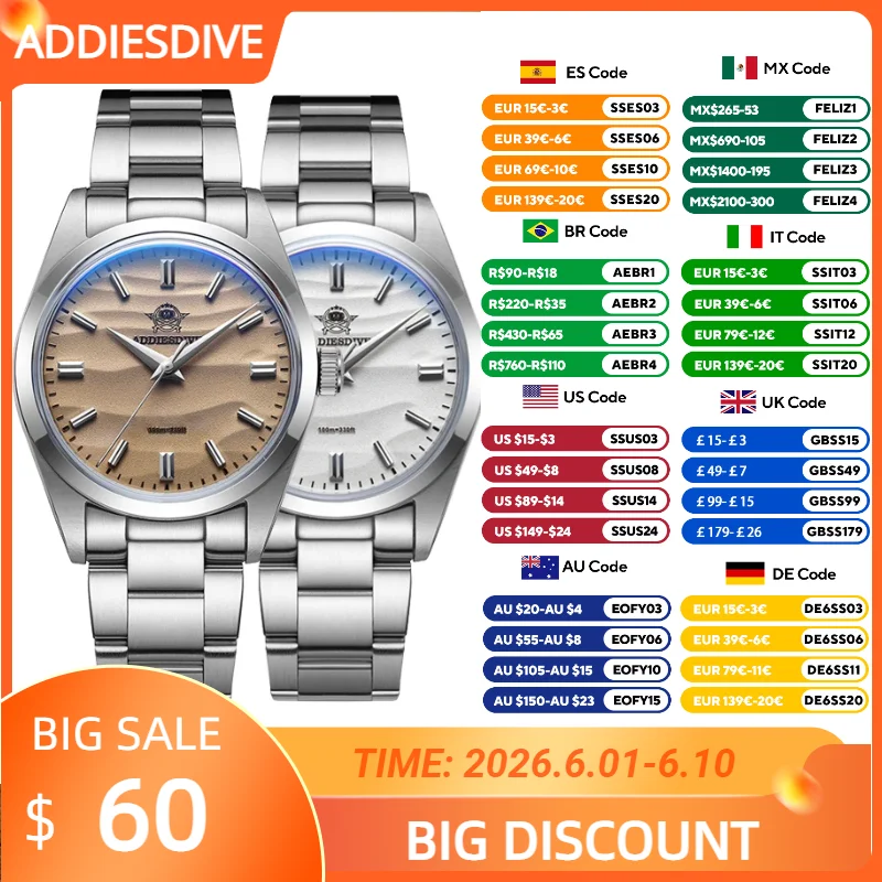 ADDIESDIVE vendita calda AD2030 orologio al quarzo semplice 10Bar orologio da polso subacqueo in acciaio Bubble Mirror Pot Cover Glass Sports 36mm orologi da uomo