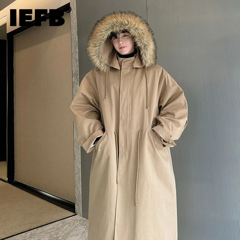 IEFB Winter Hooded Padded Coat Detachable Fur Collar Outwear Men Solid Color Single Breasted Casual Korean Overcoat 9C9023