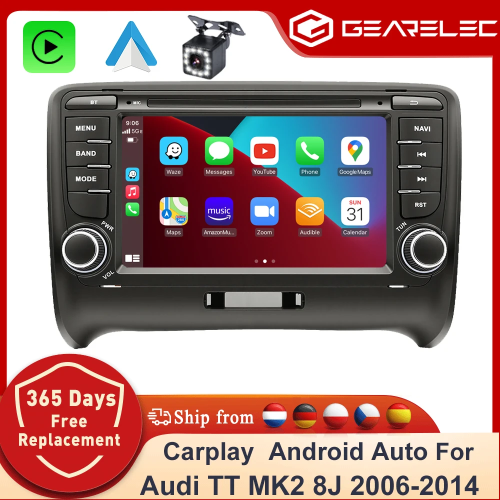 GEARELEC Android 14 Autoradio für AUDI TT MK2 2006-2014 7" Kabelloses CarPlay Auto-Multimedia-Player Android Auto Autoradio GPS Stereo