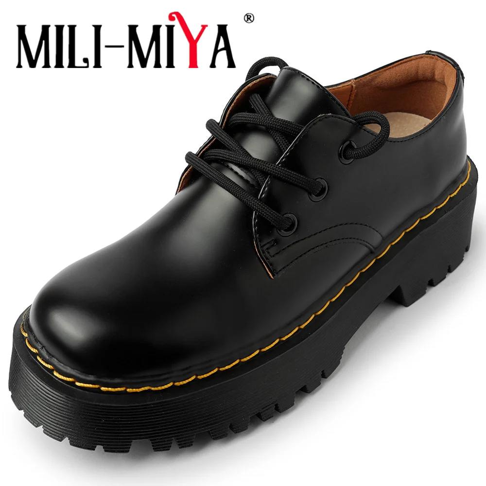 MILI-MIYA Classic Lace-Up Non-Slip Thick Sole Heightening Women Cow Leather Pumps Round Toe Solid Color Casual Street Shoes