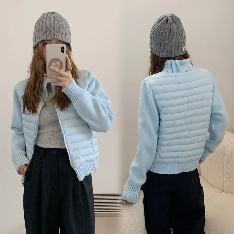 Autumn Winter Solid Stand Collar Knit Splice Women Short Jackets Zipper Pockets Cotton Fill Student Loose Fit Outer Garment