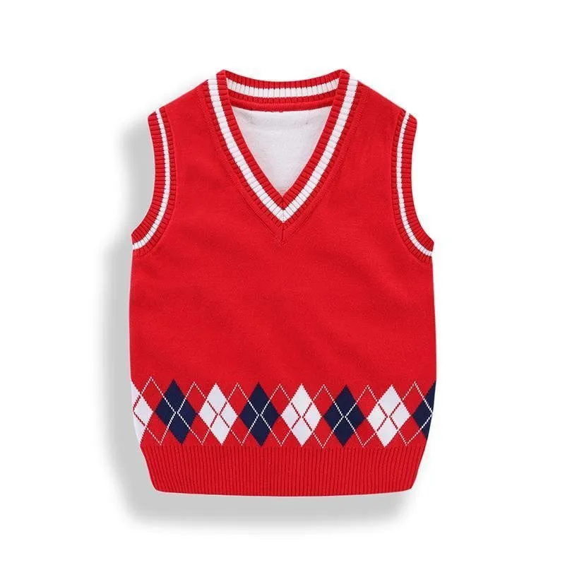 Kids Cotton Vests Spring Autumn , Boys And Girls Knit Sleeveless Sweater ,  V-Neck Children\'s School Waistcoat Top Clothes H6