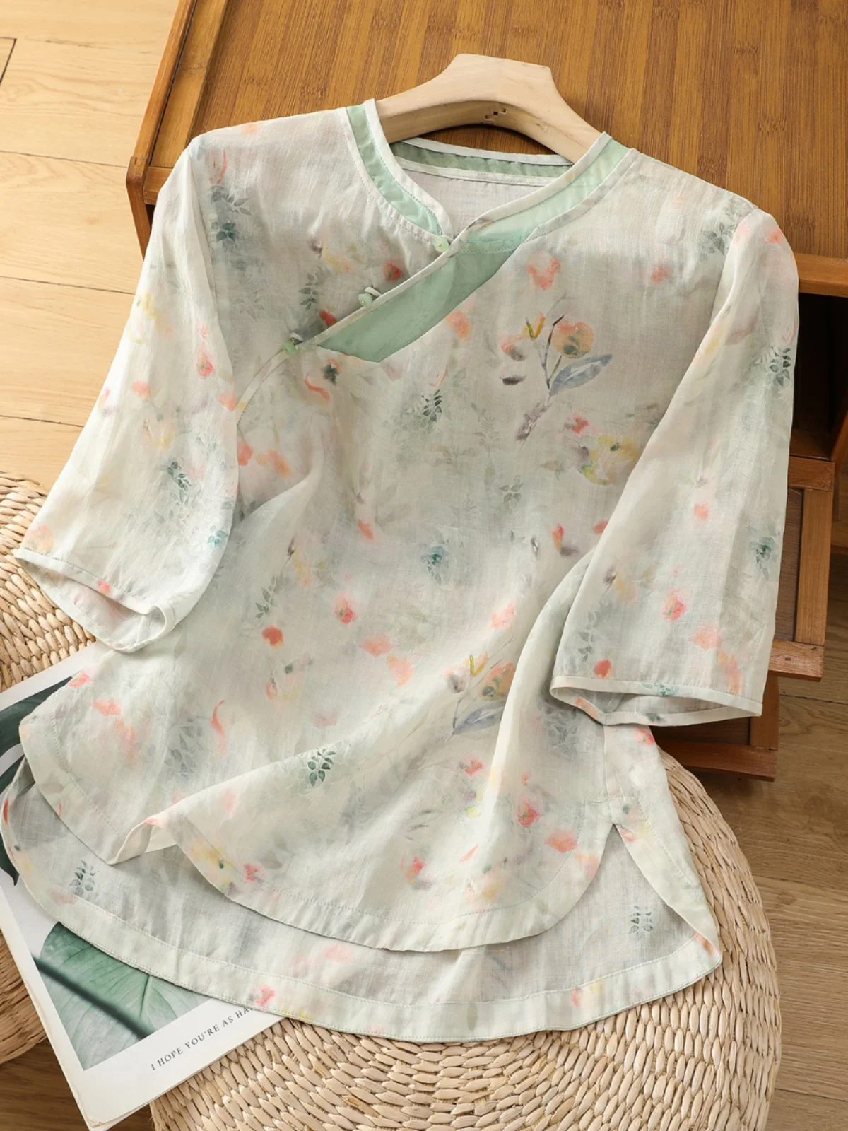 

New Chinese Sle Women's Cotton Linen irt Summer High End National Print Zen Tea Clothing Small irt Linen Top Button up