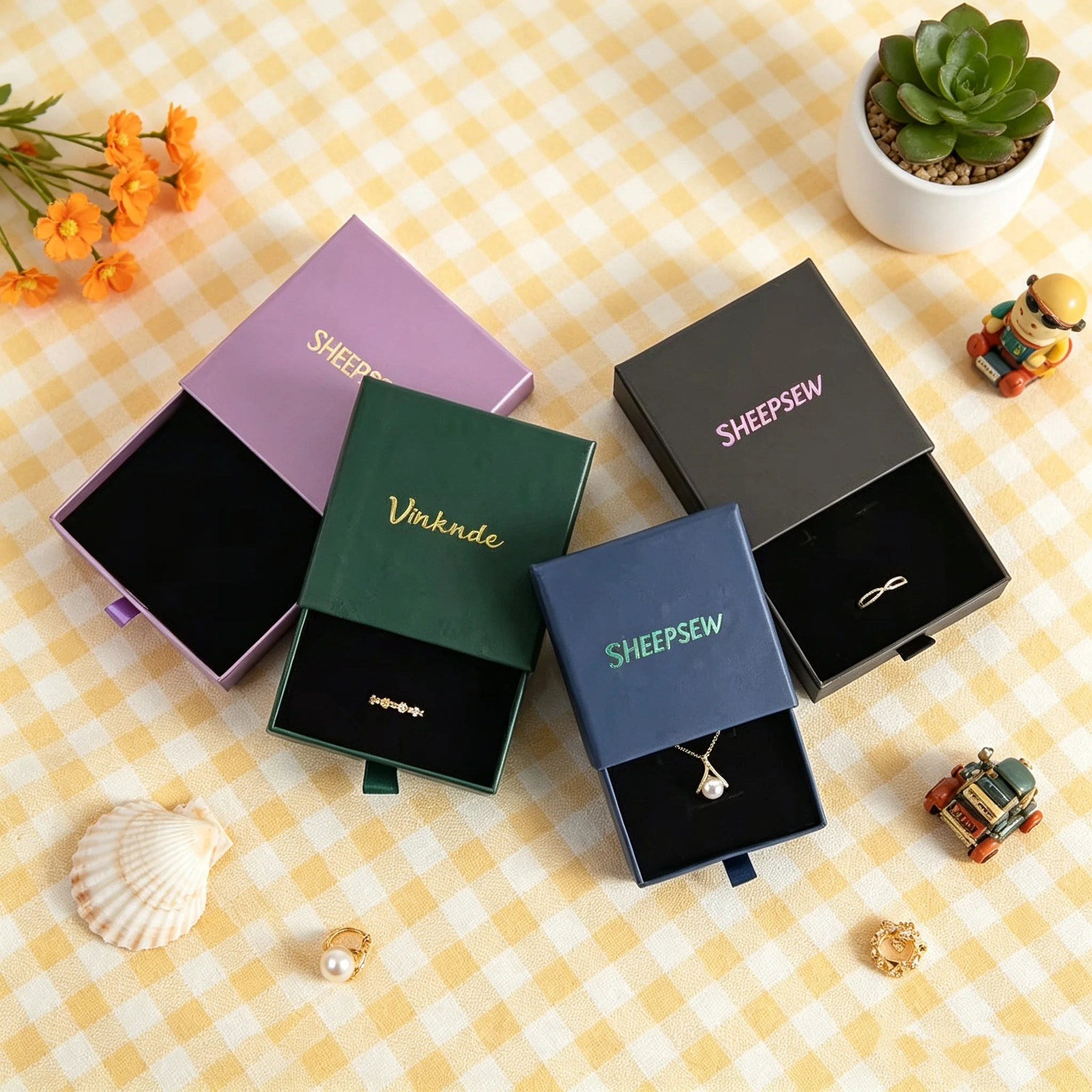 50pcs Sheepsew Custom Jewelry Packaging Box with Logo Pink Cardboard Drawer Sliding Jewellery Earrings Ring Necklace Gift Boxes