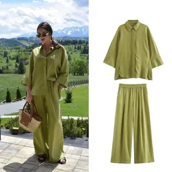 Women's solid color casual pants set loose collar shirt top high waisted wide leg pants 2-piece set  new loose commuting suit