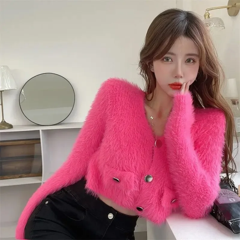 

Korean Cropped Cardigan Women Jackets Pull Femme Long Sleeve V-neck Tunic Sweet Sueter Mujer Furry Soft Knitted Sweater Tops