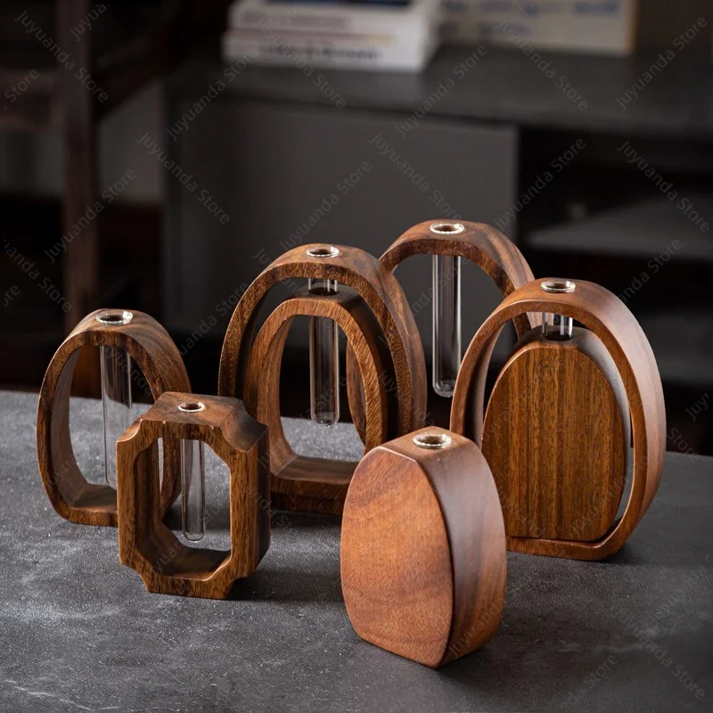 Dispositif pour fleurs en noyer, arrangement de plantes hydroponiques, ornement créatif de bureau en bois massif japonais et verre, petit décor en verre