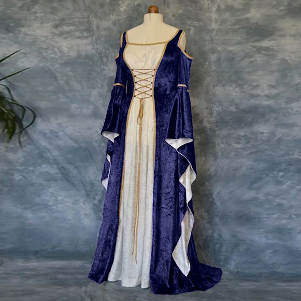 Vestido largo de corte europeo Medieval de gran tamaño para mujer, vestidos de manga trompeta de terciopelo dorado, trajes de actuación de escenario Retro para damas