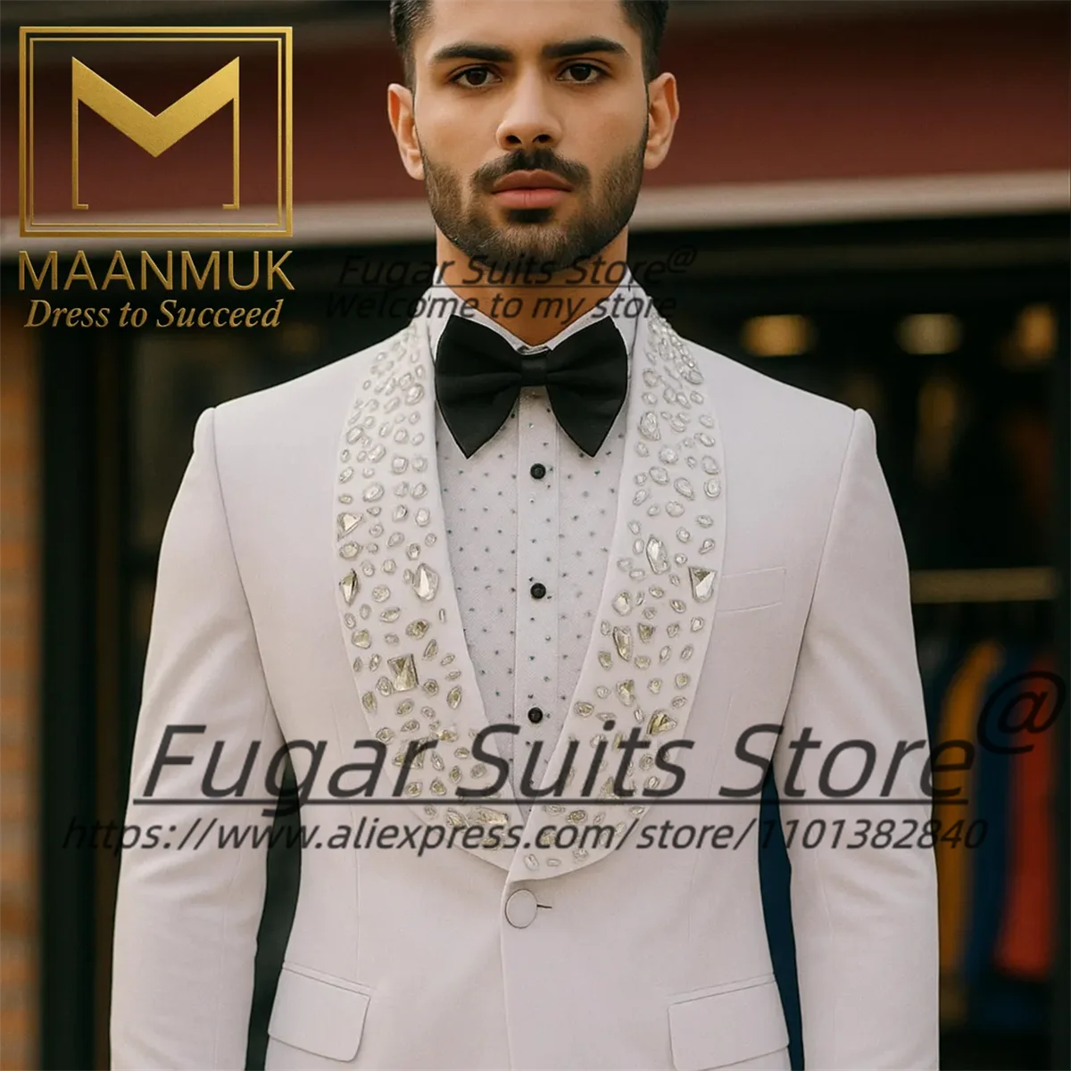 

Handsome White Groom Wedding Customized Slim Fit Shawl Lapel Men Suits Male Party Blazers Shiny Diamond 2Pieces Sets Ropa Hombre