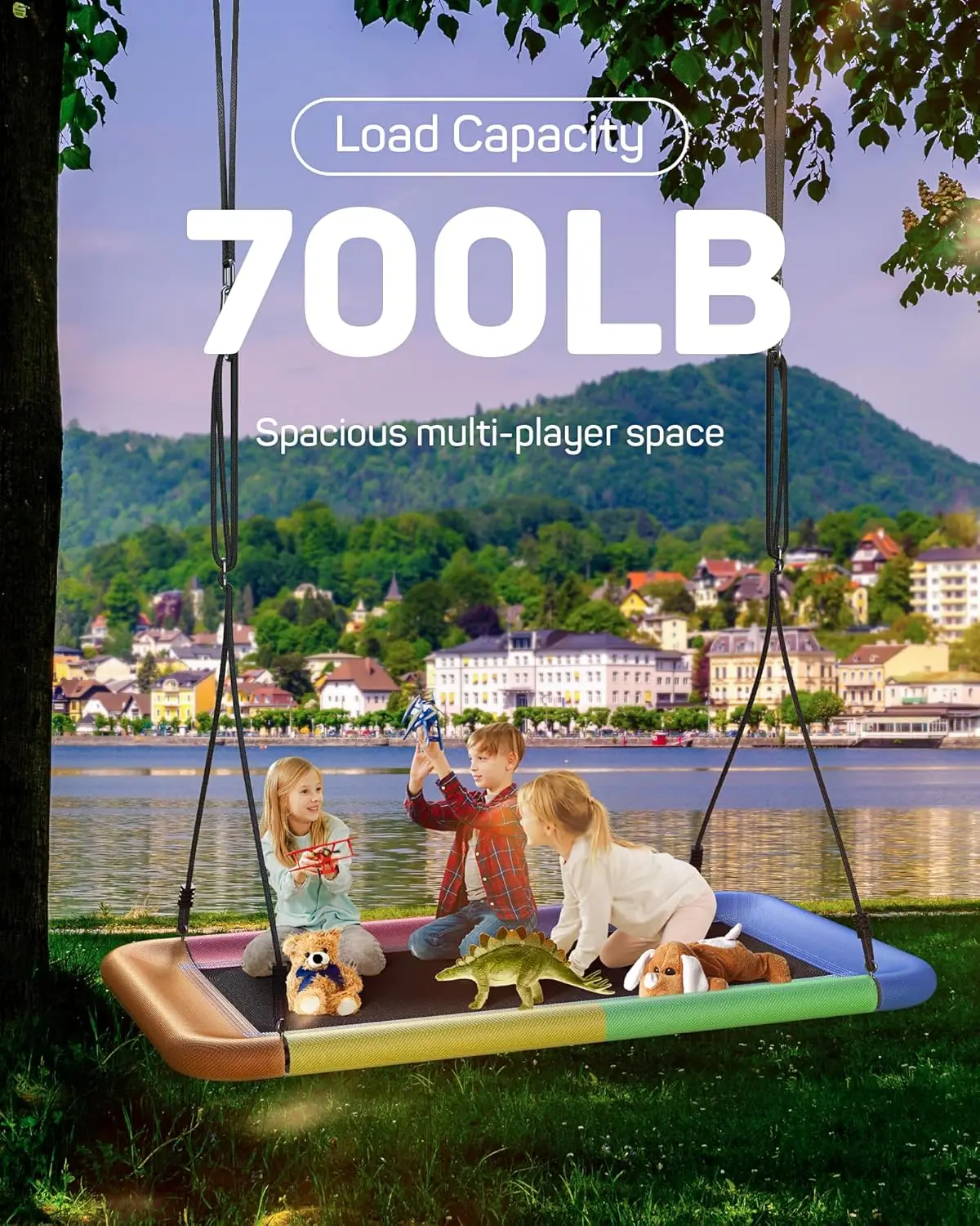 Baumschaukel für Kinder und Erwachsene, 60" wasserdichte rechteckige Plattformschaukel, 700lbs Heavy Duty mit verstellbaren Trägern, Regenbogen