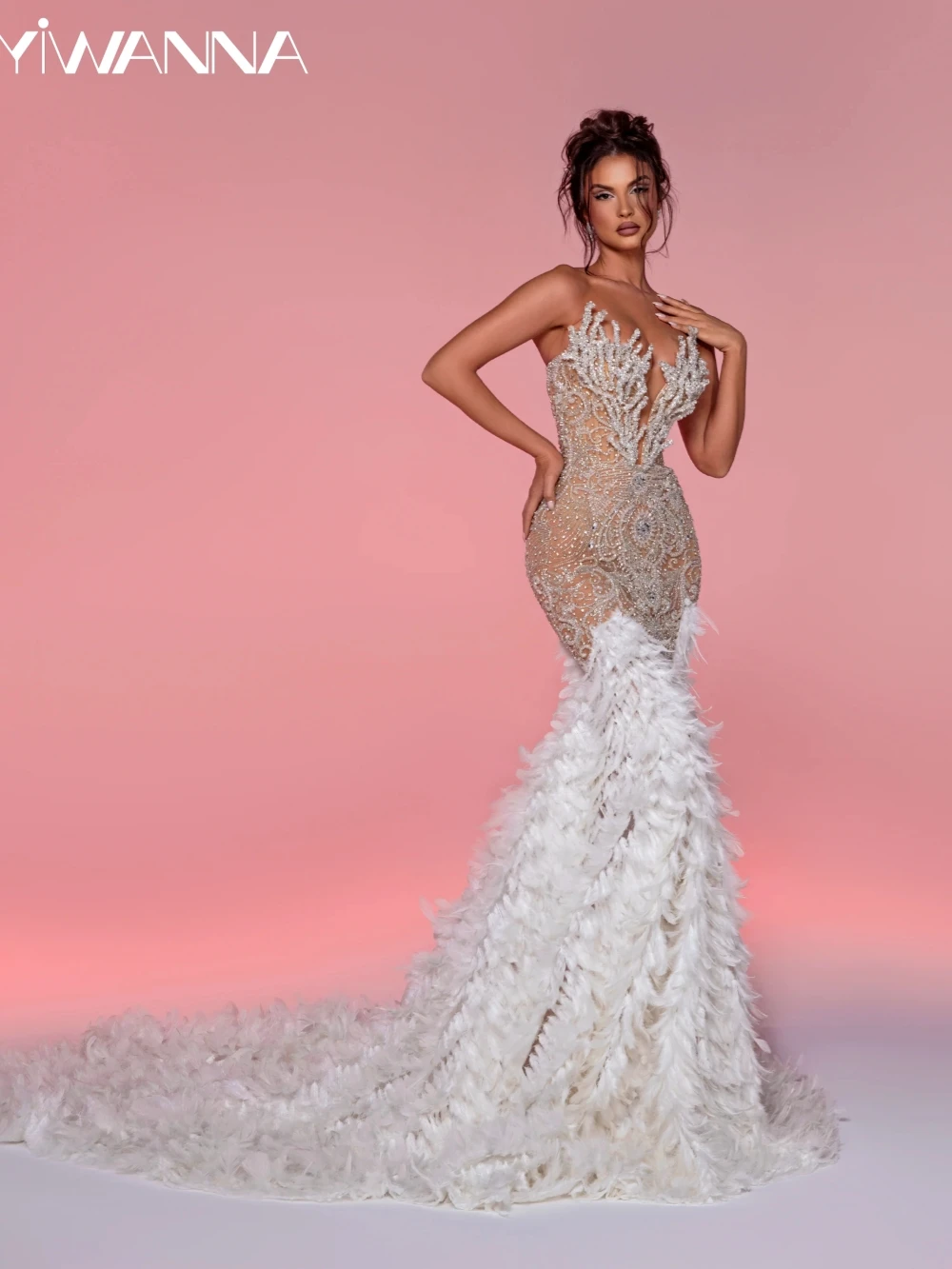 

Luxury Feathers Mermaid Prom Dress Hand-sewn Beads Sequins Evening Dresses Sexy Illusion Long Cocktail Gown Robe De Mariée