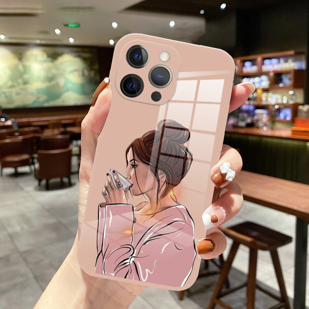 Phone Cases for iPhone 13 Pro Max orange pink for iPhone 12 11 Pro Max Mini 7 8 Plus XS Max Fashion coffee Beautiful Girl Cover