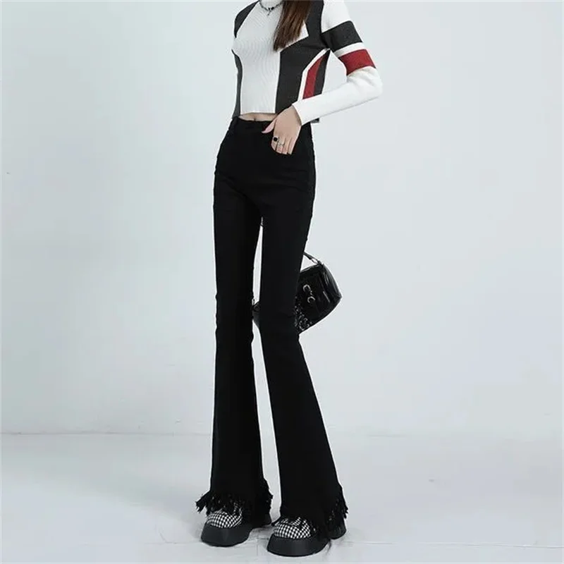 American Retro Micro La Jeans Female Spring and Autumn Korean Spicy Girl High Waist Slim Fit Rugged Fringe Flare Horseshoe Pants