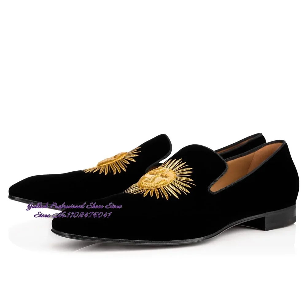 Men's Black Suede Gold Embroidery Sunflower Dress Shoes Noble Male's Slip-on Business Suits Footwear Bridegroom Party Shoes