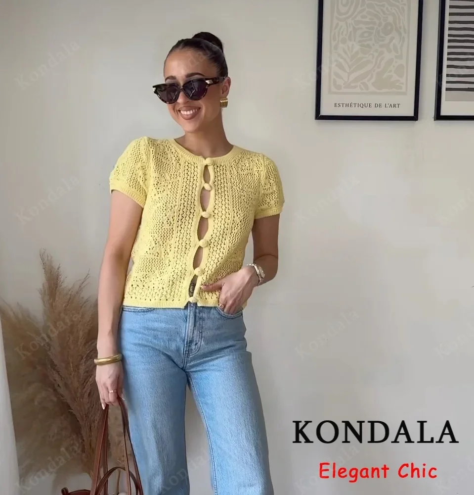 

KONDALA женский милый вязаный желтый топ, вязаный крючком топ с короткими рукавами, новинка 2025, лето-осень, модный универсальный повседневный топ