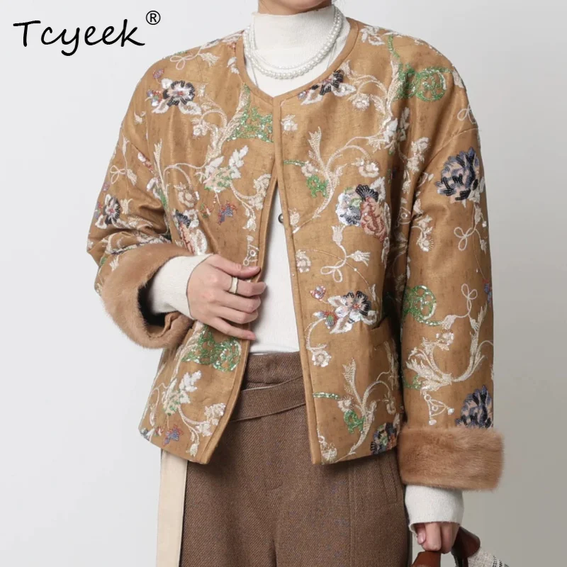 Tcyeek Mulberry Silk Winter Jacket for Women Mink Fur Sleeve New Chinese Style Women's Coat High Quality Jackets for Women Tops