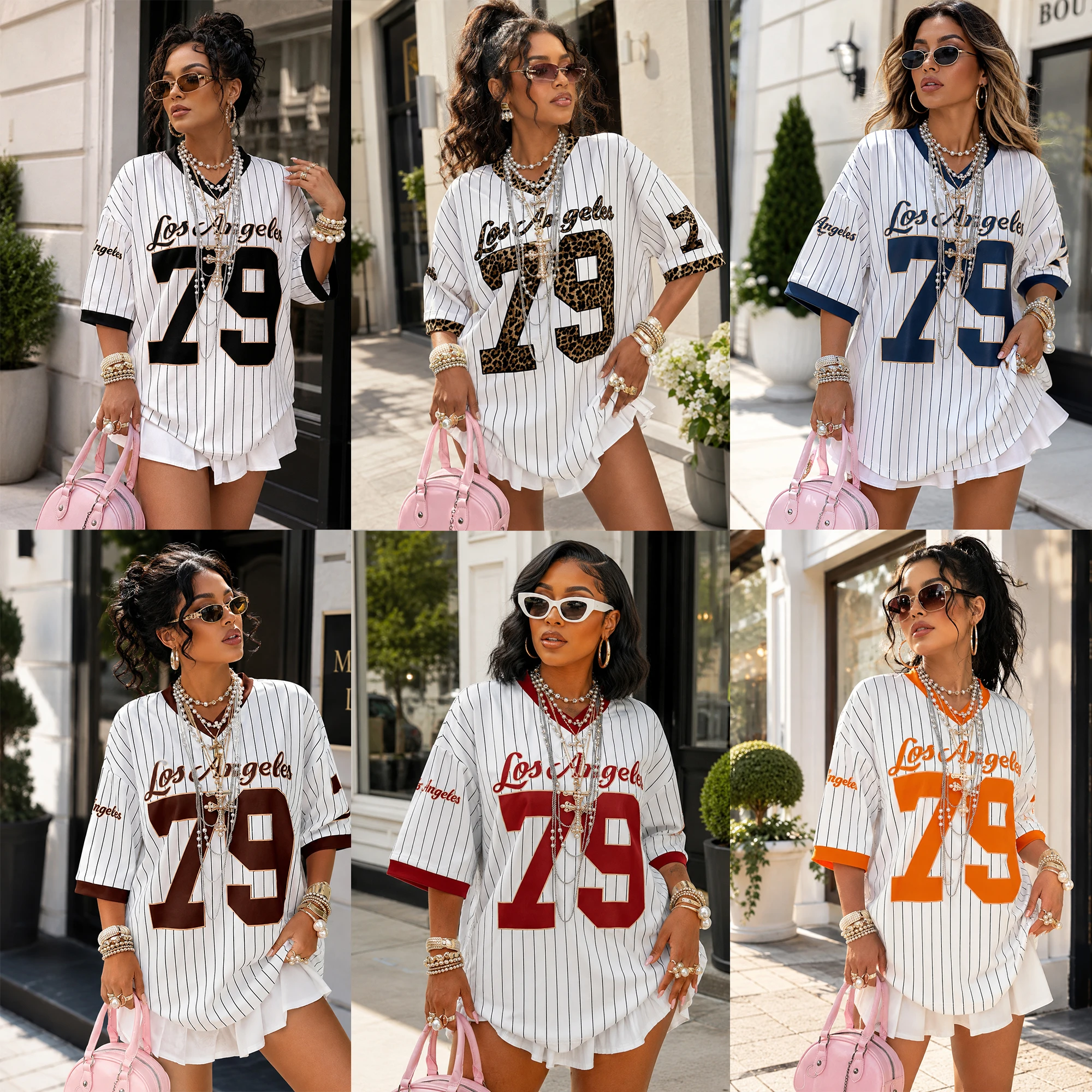 Summer New Los Angeles 79 Print Stripe T-shirt For Women V-Neck Short Sleeve Tees Sports Football Jersey Y2K Loose Oversized Top