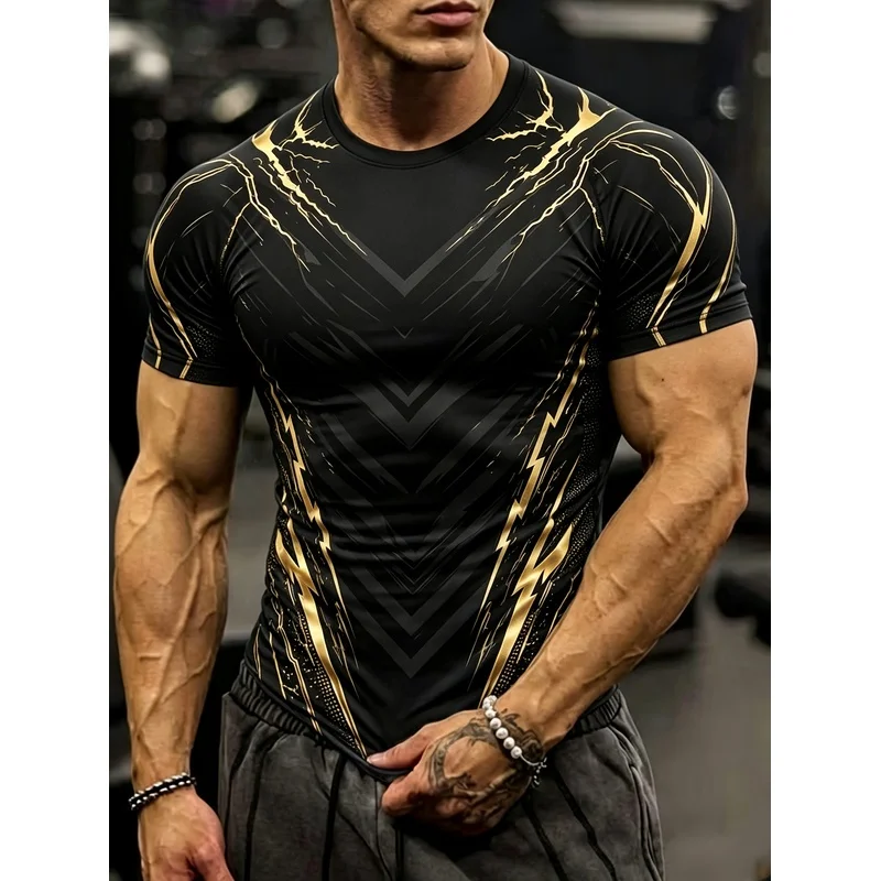 European and American trendy, stylish, slim-fit men's black crew-neck short-sleeve t-shirtTShirt gym strength