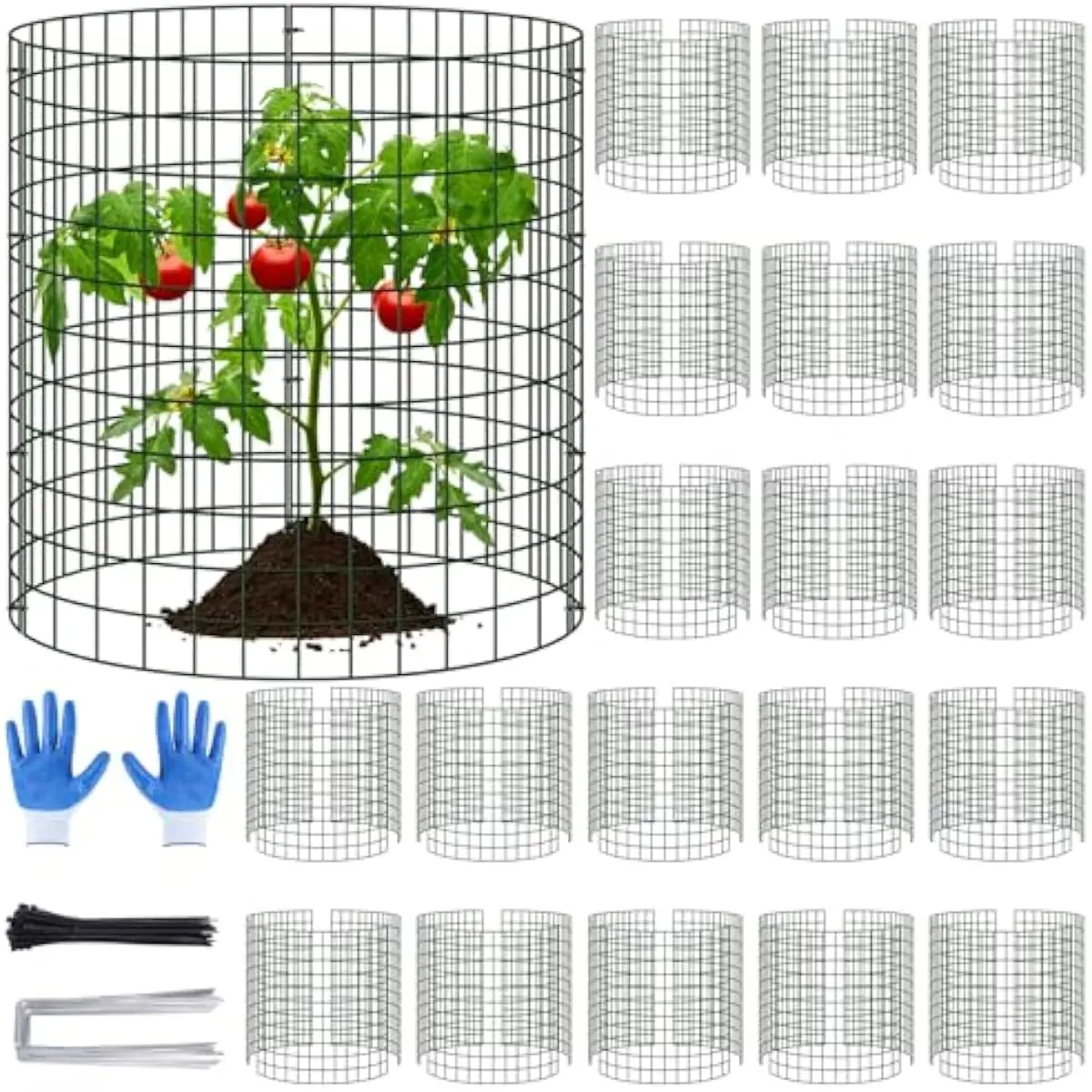 60 pcs Heavy-Duty Black Iron Wire Plant Guards 14 in Tall X 12.1 in Wide Round Mesh Cages with 200 Zip Ties 60 Stakes and Gloves