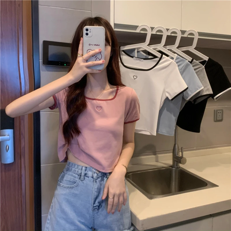 2024 Summer Fashion Y2K T-shirt Woman Heart Embroidered Crop Top Women Sexy Short Sleeve Tee Shirt Femme INSClothes Tshirts