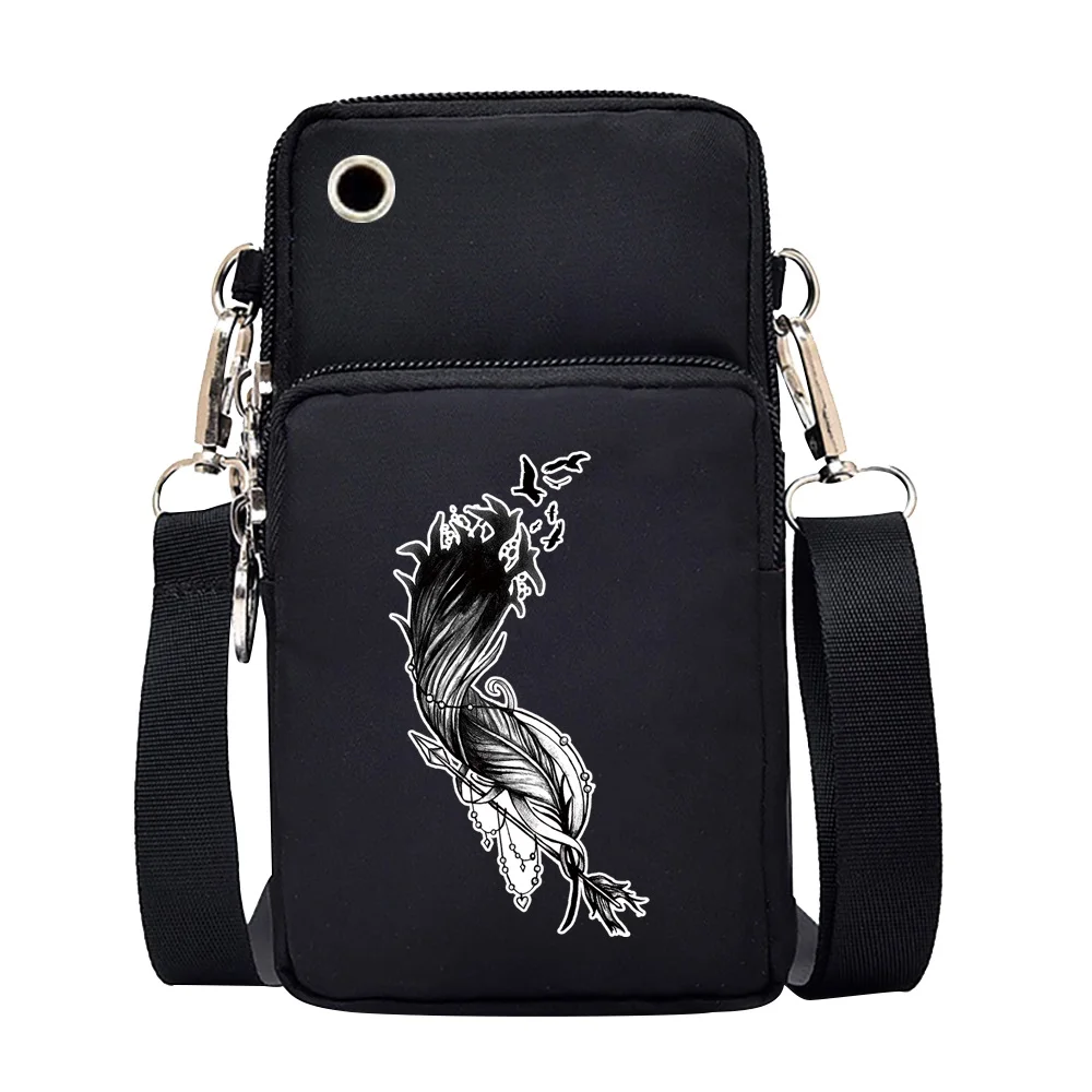 Mobile Phone Bag Women Wallet Storage Iphone Huawei Phone Pouch Feather Print Universal Messenger Shoulder Sports Wrist Package