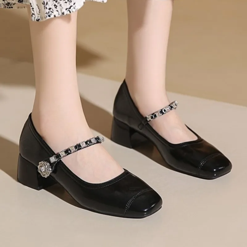 Silver Women's Shoes Versatile Square Head Pearl Shallow Mouth Coarse Follow up Shoes Style Spring and Summer New Women's Shoes