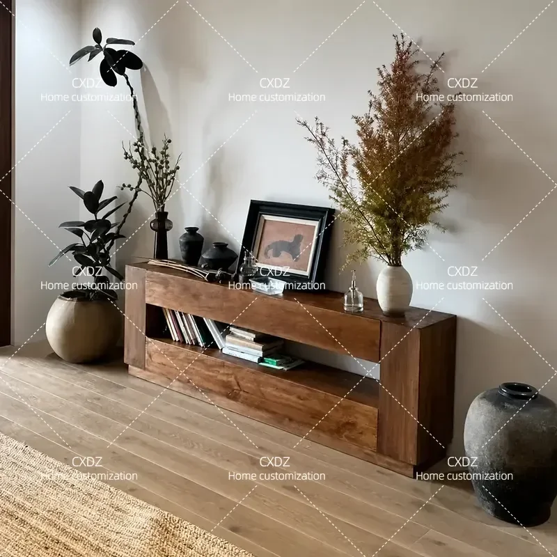 Solid Wood TV Cabinet Retro Wabi Style Low Console Table for Living Room Fireplace Decorative Sideboard Against Wall Porch
