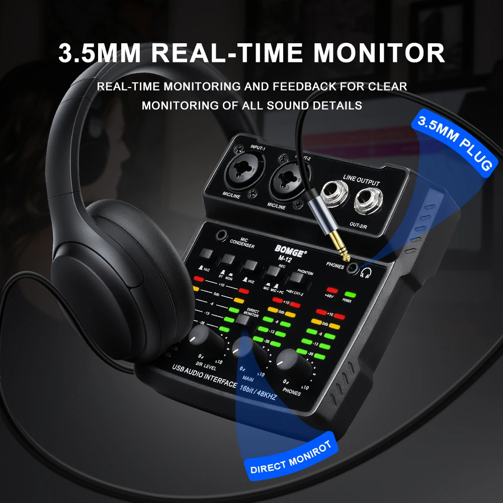 BOMGE M-12 واجهة صوت بقناتين للكمبيوتر الشخصي، بطاقة صوت USB لاستوديو التسجيل، توصيل وتشغيل الكمون المنخفض للغاية