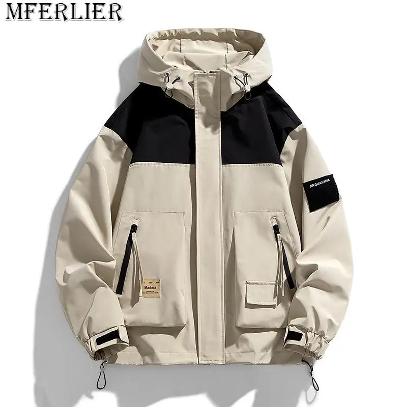 

Plus size hooded jacket spring and autumn new youth handsome wild loose casual color blocking multi-pocket jacket 8xl 9XL