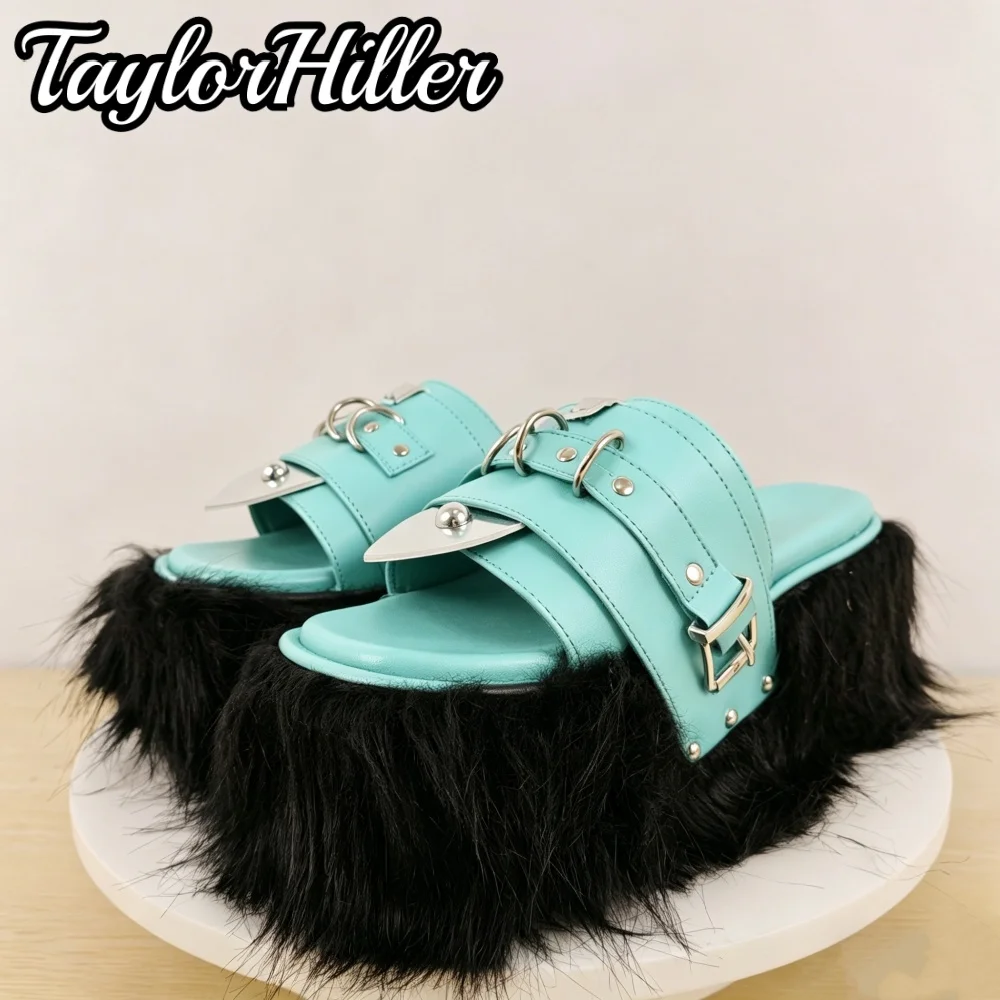 Baby Blue Mixed Color Slippers Furry Fur Thick Sole High Heels Slip On Pull On Mule Sandals Spring Summer Metal Decor Slides New