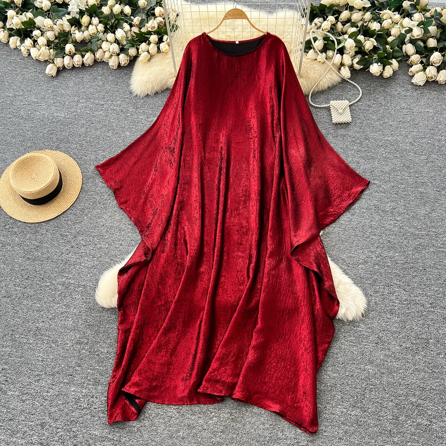 Chic vintage manica lunga O-Collo solido sciolto sottile Elegante fata moda coreana Boho Vestito estivo abbigliamento donna Abito lungo